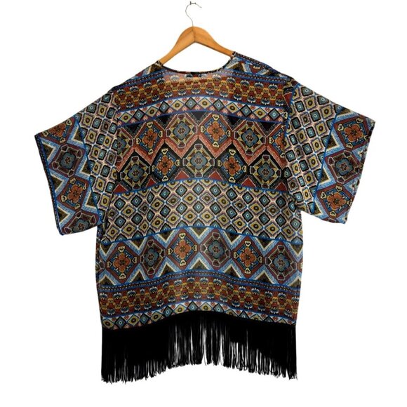 Kimono Boho Tribal Black Fringe Cardigan M by B_envied Wrap Gypsey Floral - Picture 7 of 13